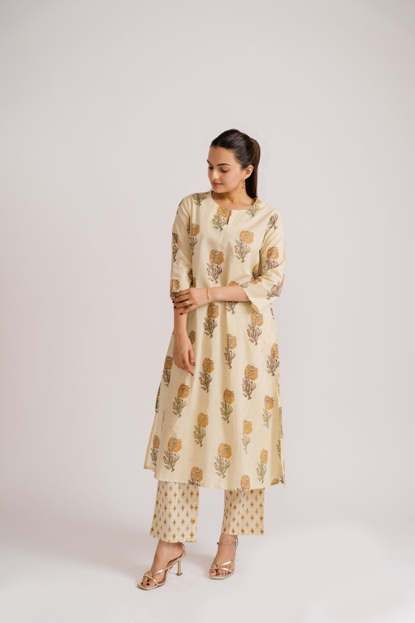 Ekisha women's cream mustard buta block print cotton kurti pant coord set – ethnic wear