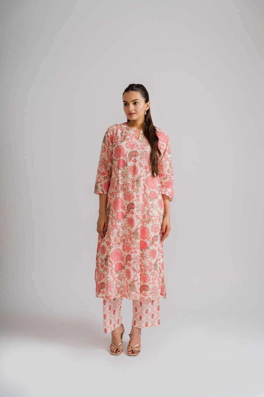 Ekisha women's cream pink floral block print cotton kurti pant coord set – ethnic wear