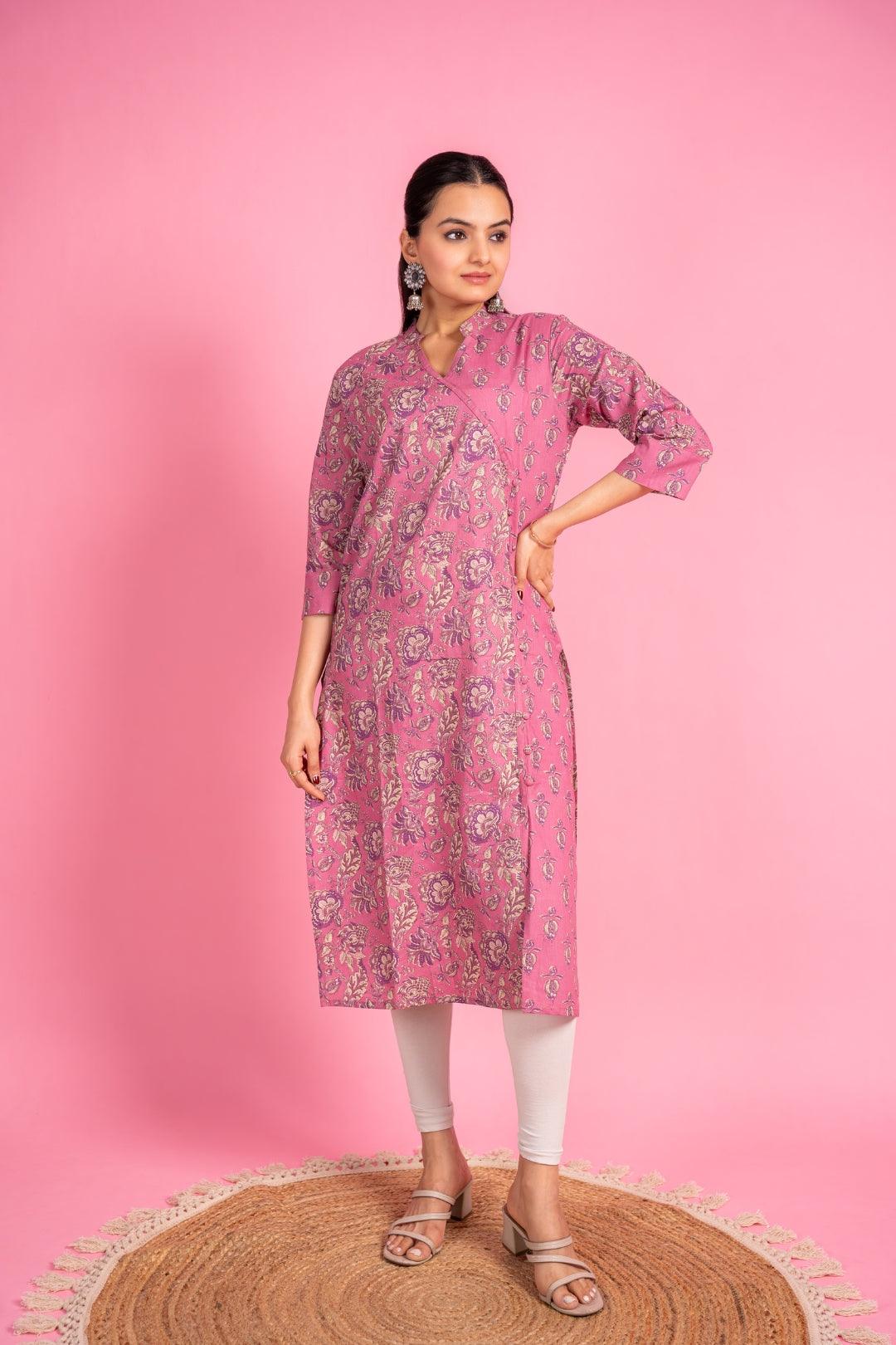 Ekisha women's cotton light pink floral printed angrakha kurta kurti - Ekisha