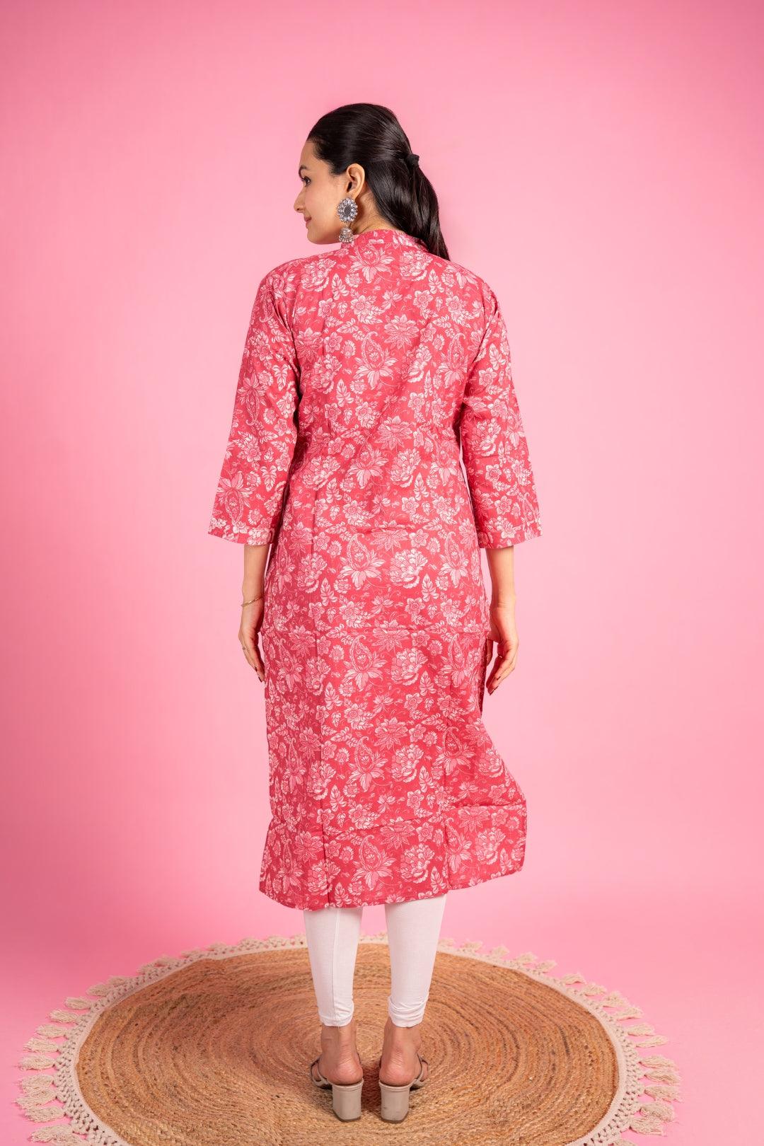 Ekisha women's light red beautiful designer printed floral printed straight kurta kurti - Ekisha