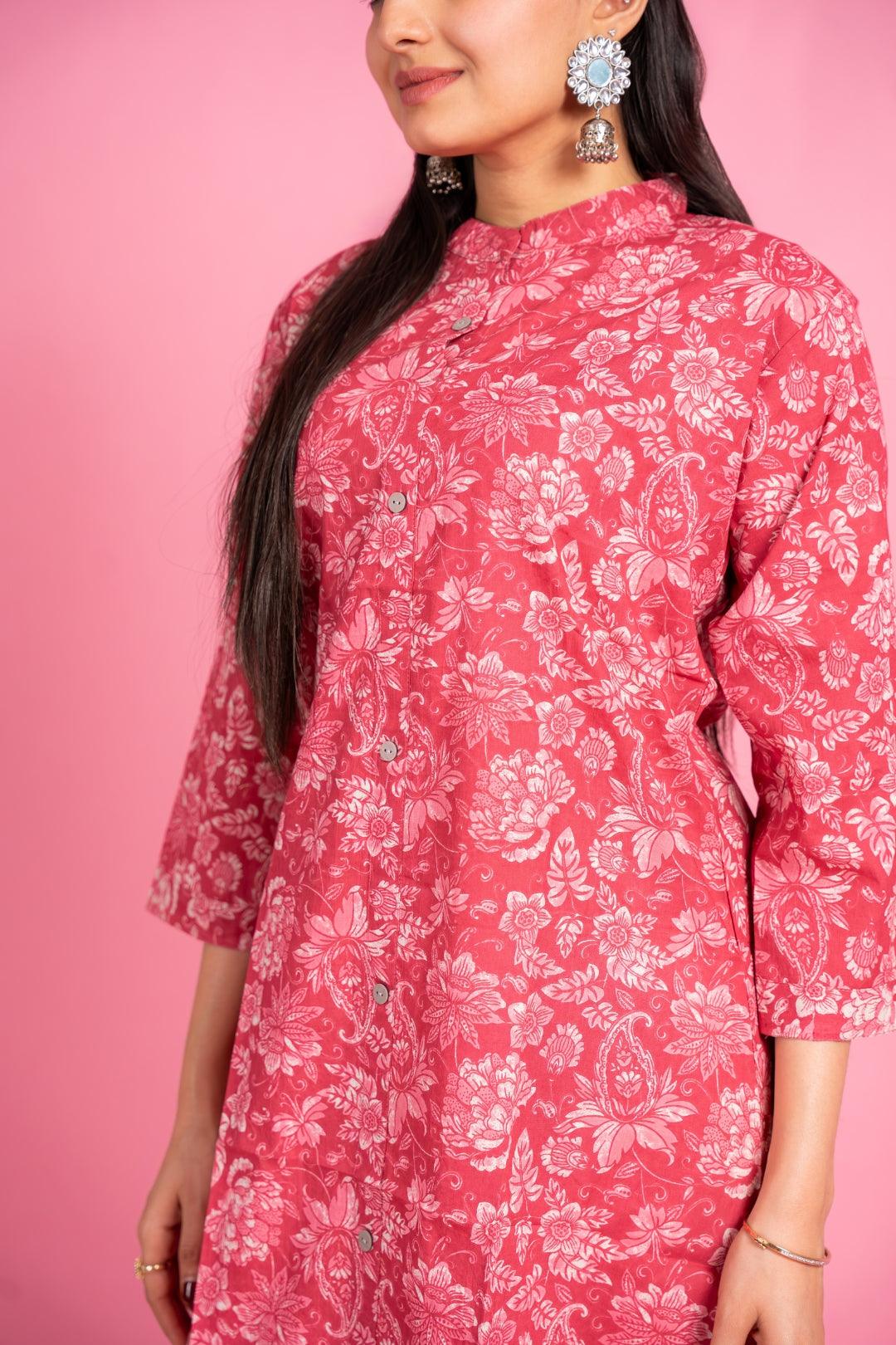 Ekisha women's light red beautiful designer printed floral printed straight kurta kurti - Ekisha