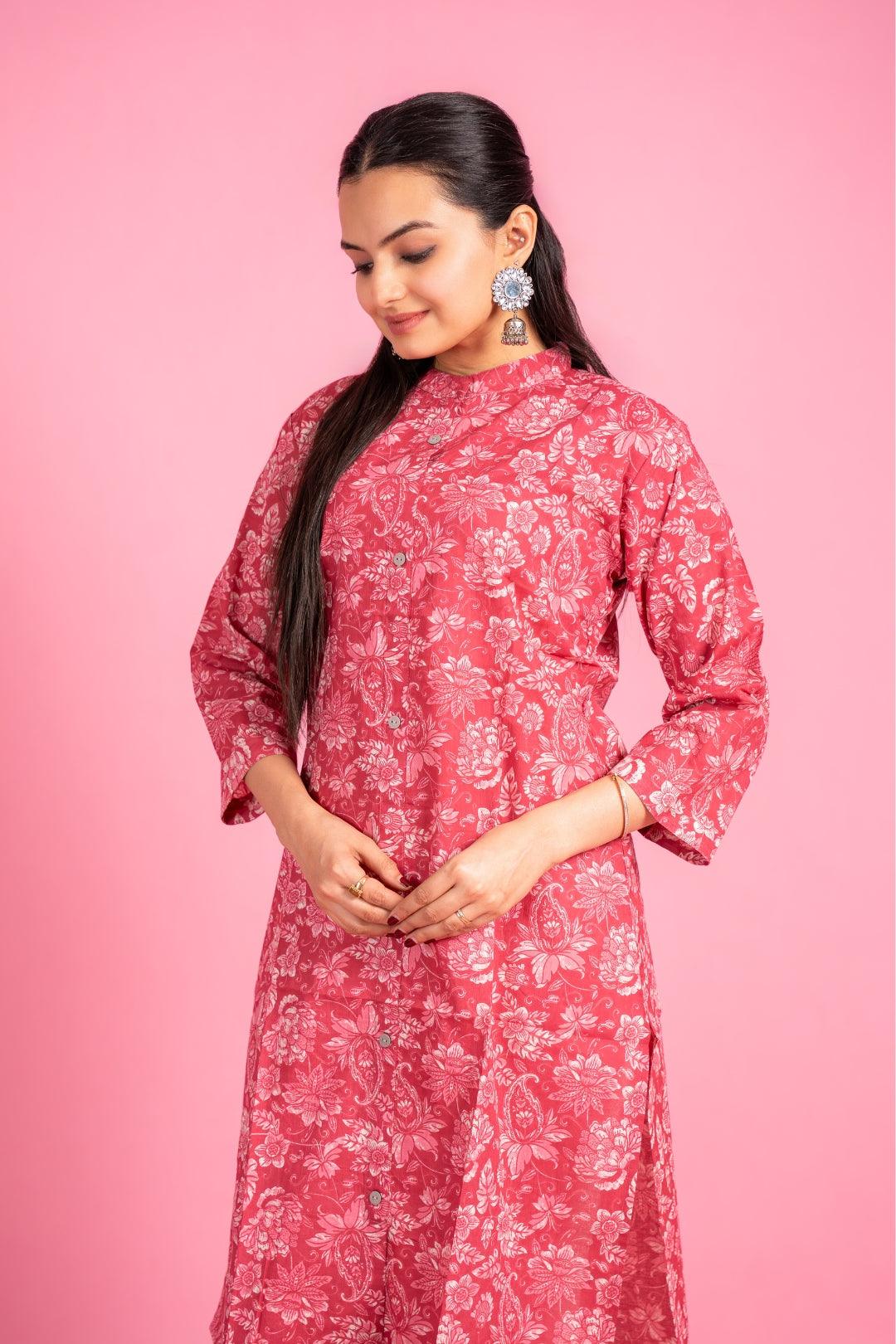 Ekisha women's light red beautiful designer printed floral printed straight kurta kurti - Ekisha