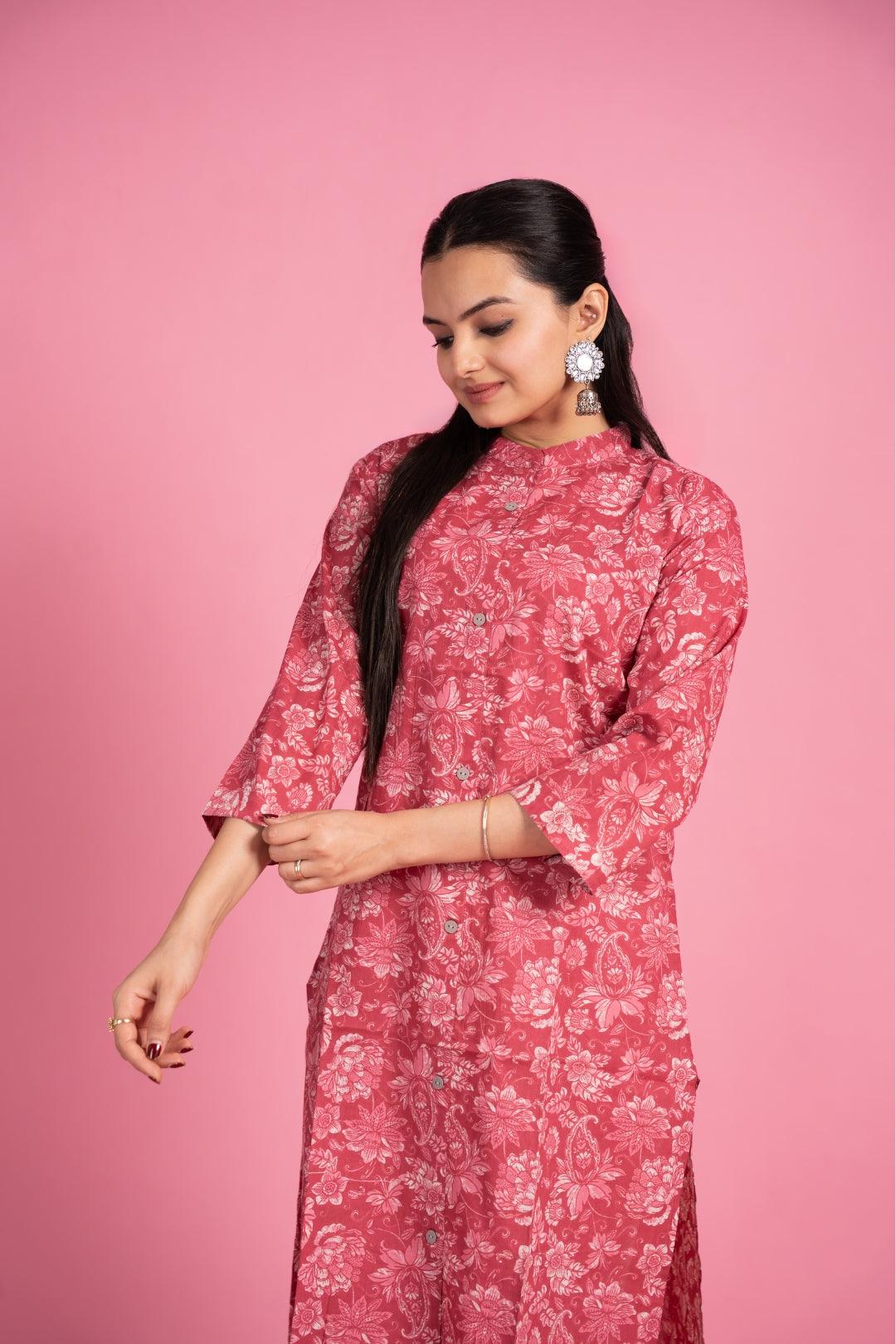 Ekisha women's light red beautiful designer printed floral printed straight kurta kurti - Ekisha