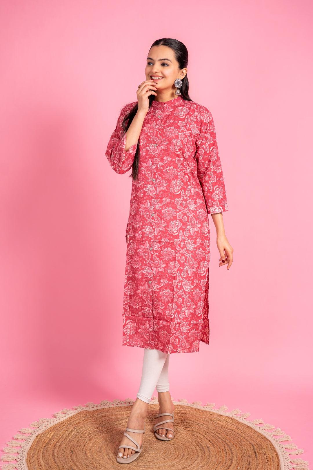 Ekisha women's light red beautiful designer printed floral printed straight kurta kurti - Ekisha