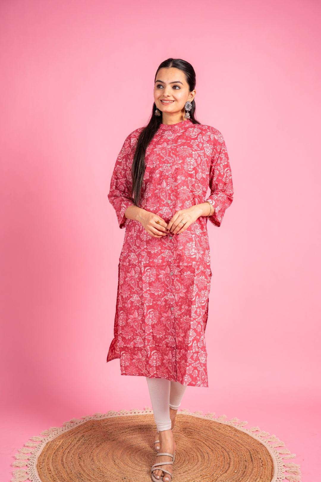 Ekisha women's light red beautiful designer printed floral printed straight kurta kurti - Ekisha