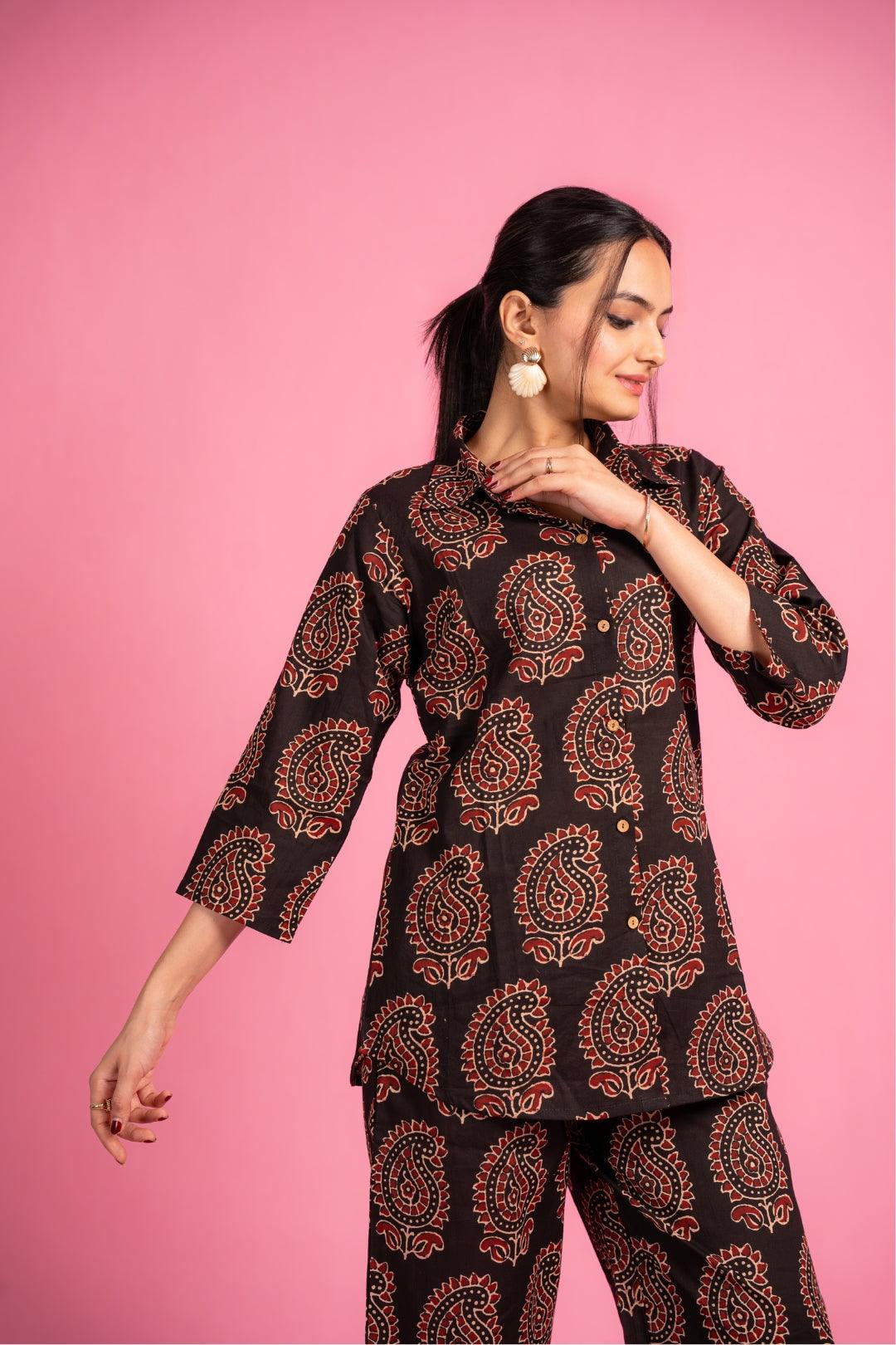 Ekisha's women black floral beautiful multicolor floral printed cotton co-ord set lounge wear - Ekisha