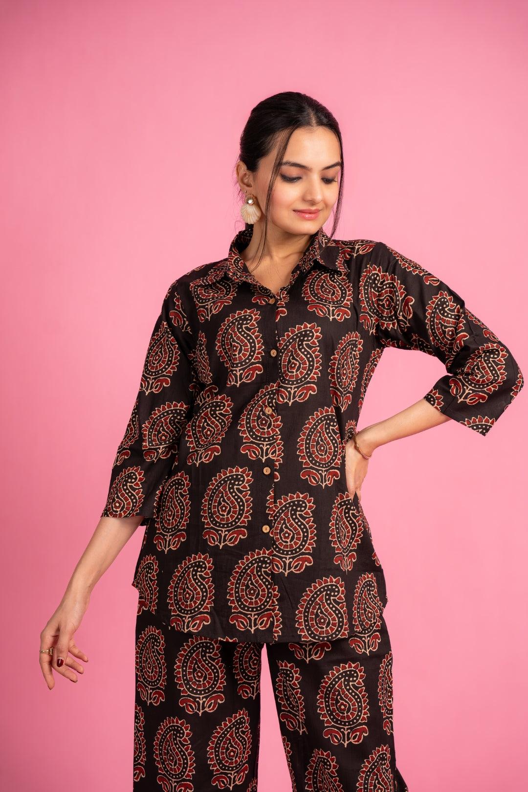Ekisha's women black floral beautiful multicolor floral printed cotton co-ord set lounge wear - Ekisha