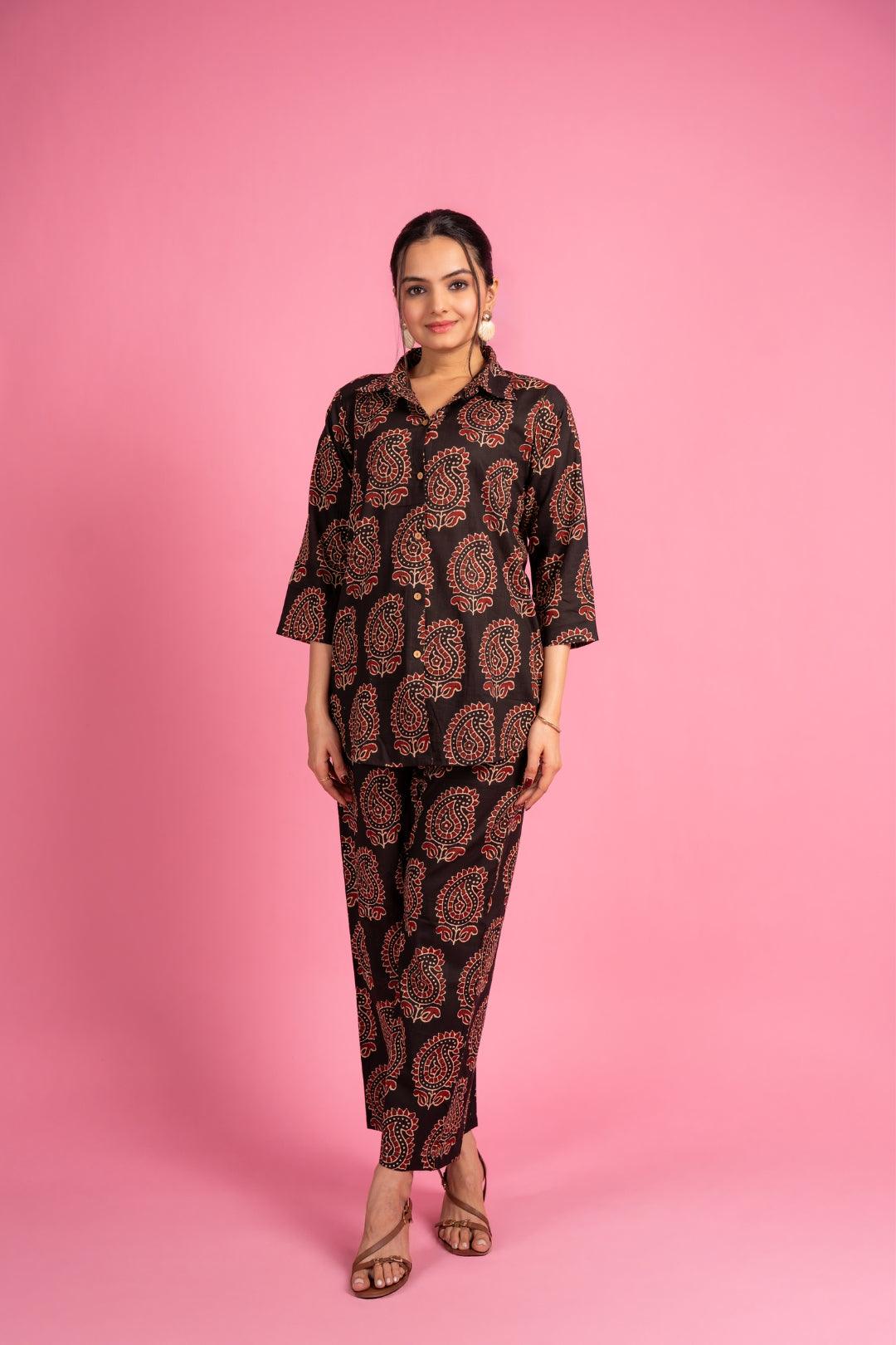 Ekisha's women black floral beautiful multicolor floral printed cotton co-ord set lounge wear - Ekisha