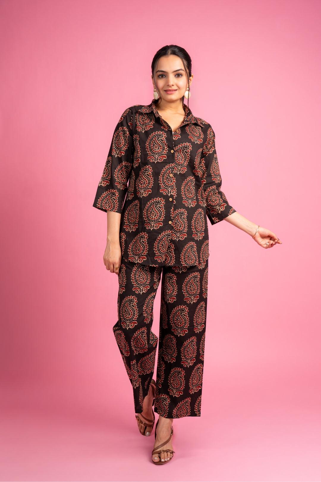 Ekisha's women black floral beautiful multicolor floral printed cotton co-ord set lounge wear - Ekisha