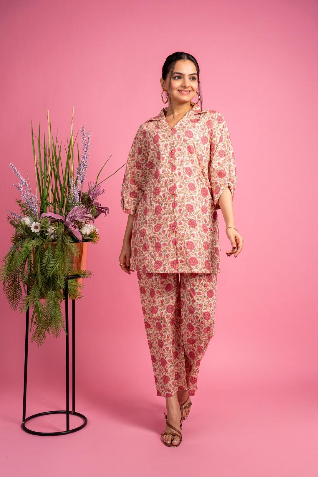 Ekisha's women peach floral beautiful multicolor floral printed cotton co-ord set lounge wear - Ekisha