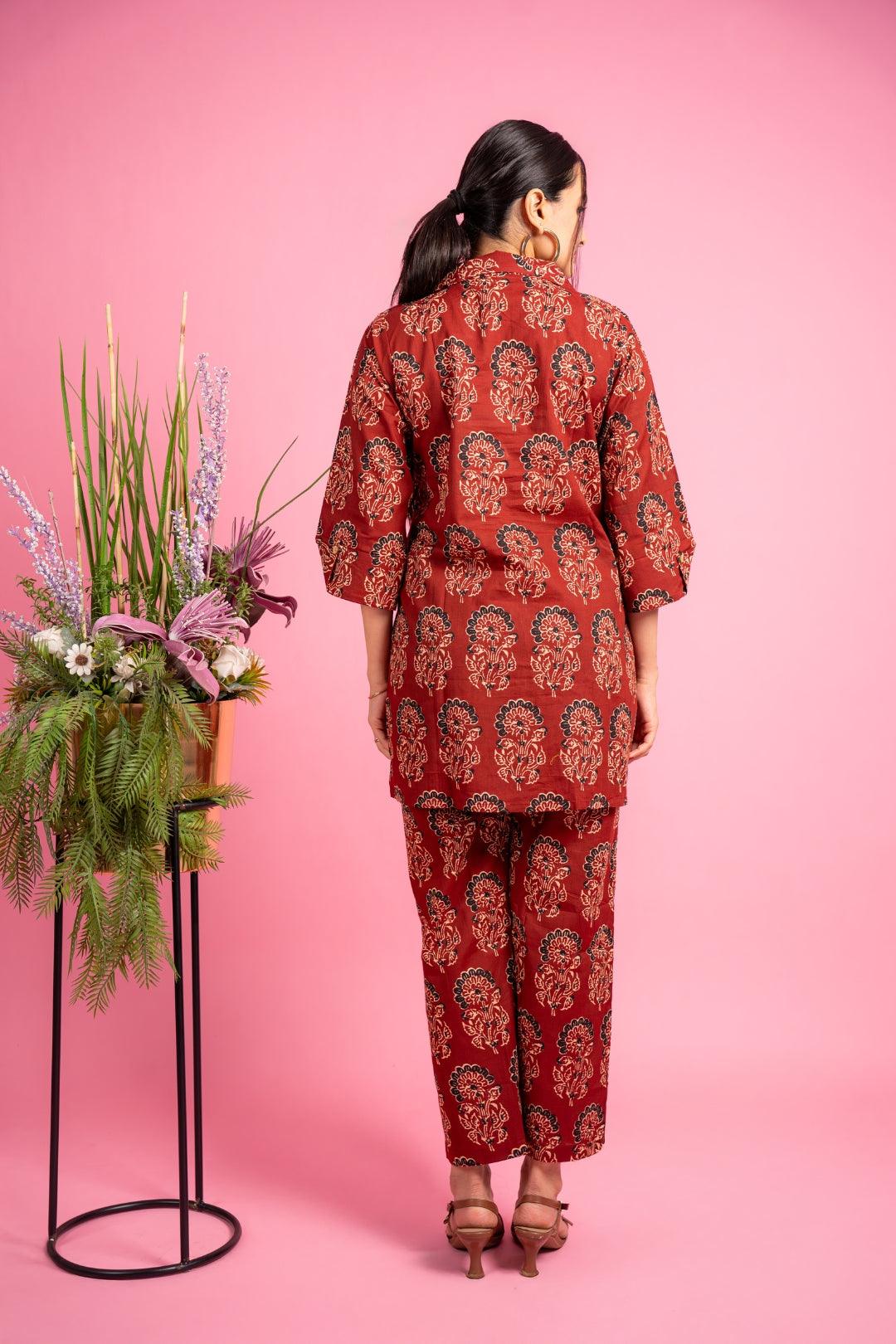 Ekisha's women maroon ajrak multicolor floral printed cotton co-ord set lounge wear - Ekisha
