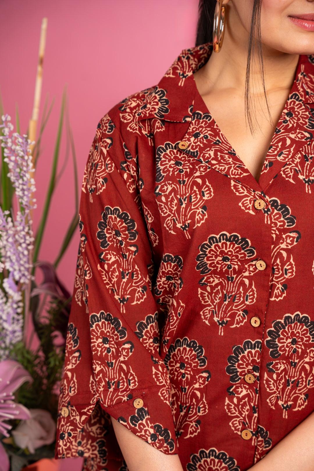 Ekisha's women maroon ajrak multicolor floral printed cotton co-ord set lounge wear - Ekisha