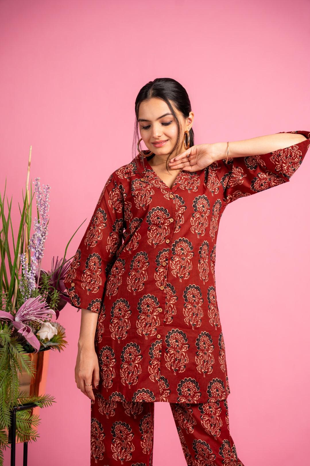 Ekisha's women maroon ajrak multicolor floral printed cotton co-ord set lounge wear - Ekisha