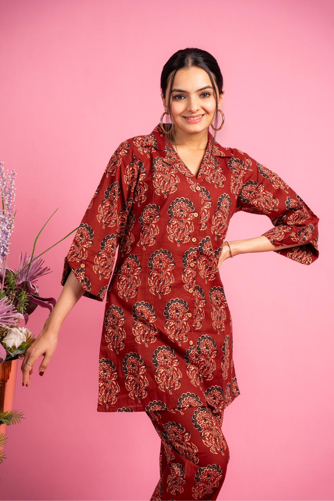 Ekisha's women maroon ajrak multicolor floral printed cotton co-ord set lounge wear - Ekisha