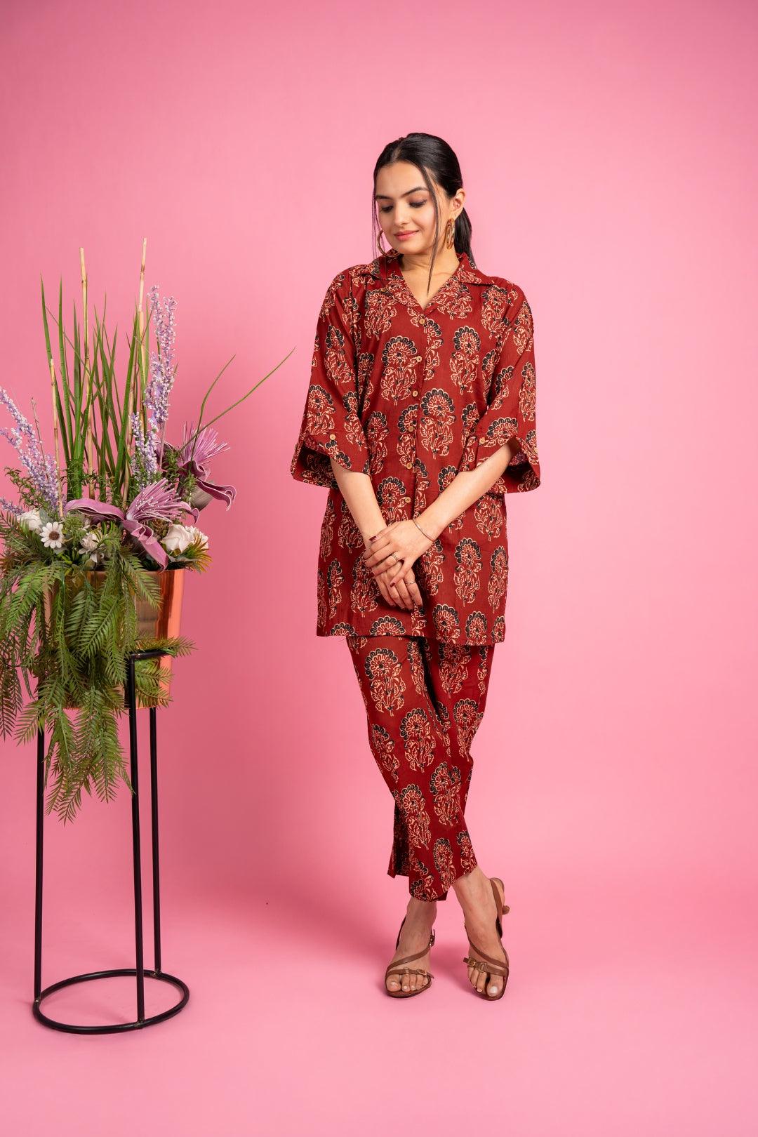 Ekisha's women maroon ajrak multicolor floral printed cotton co-ord set lounge wear - Ekisha