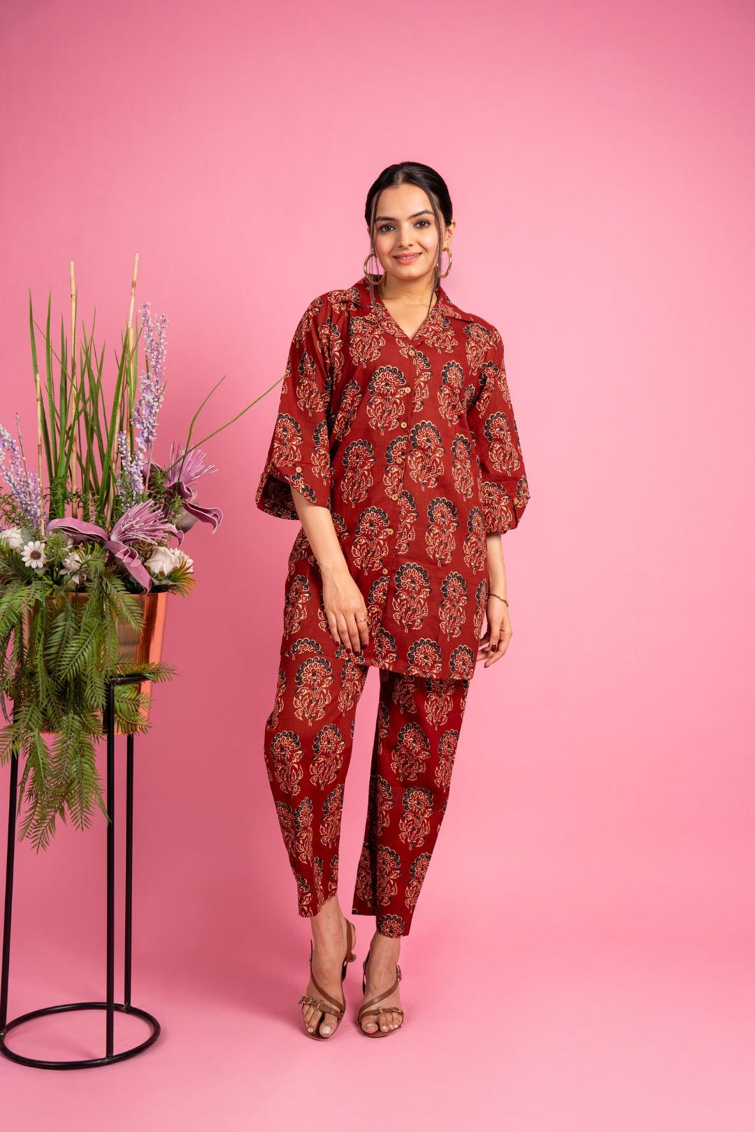 Ekisha's women maroon ajrak multicolor floral printed cotton co-ord set lounge wear - Ekisha