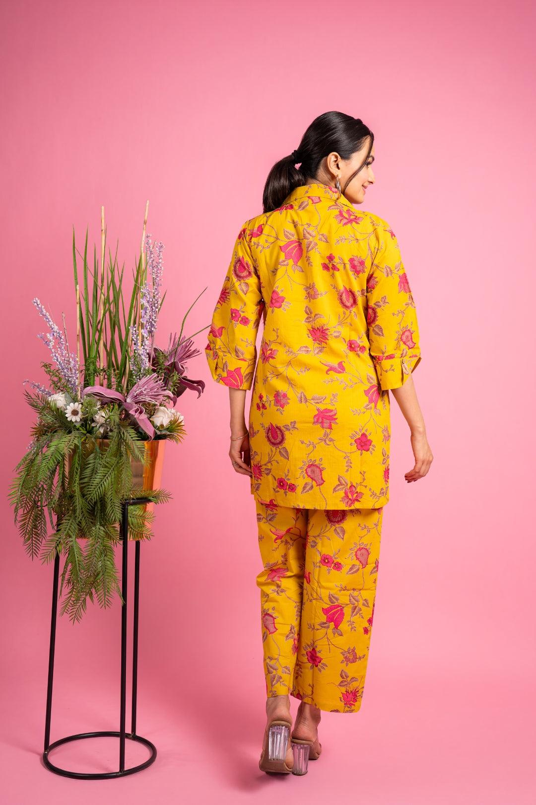 Ekisha's women yellow multicolor floral printed cotton co-ord set lounge wear - Ekisha