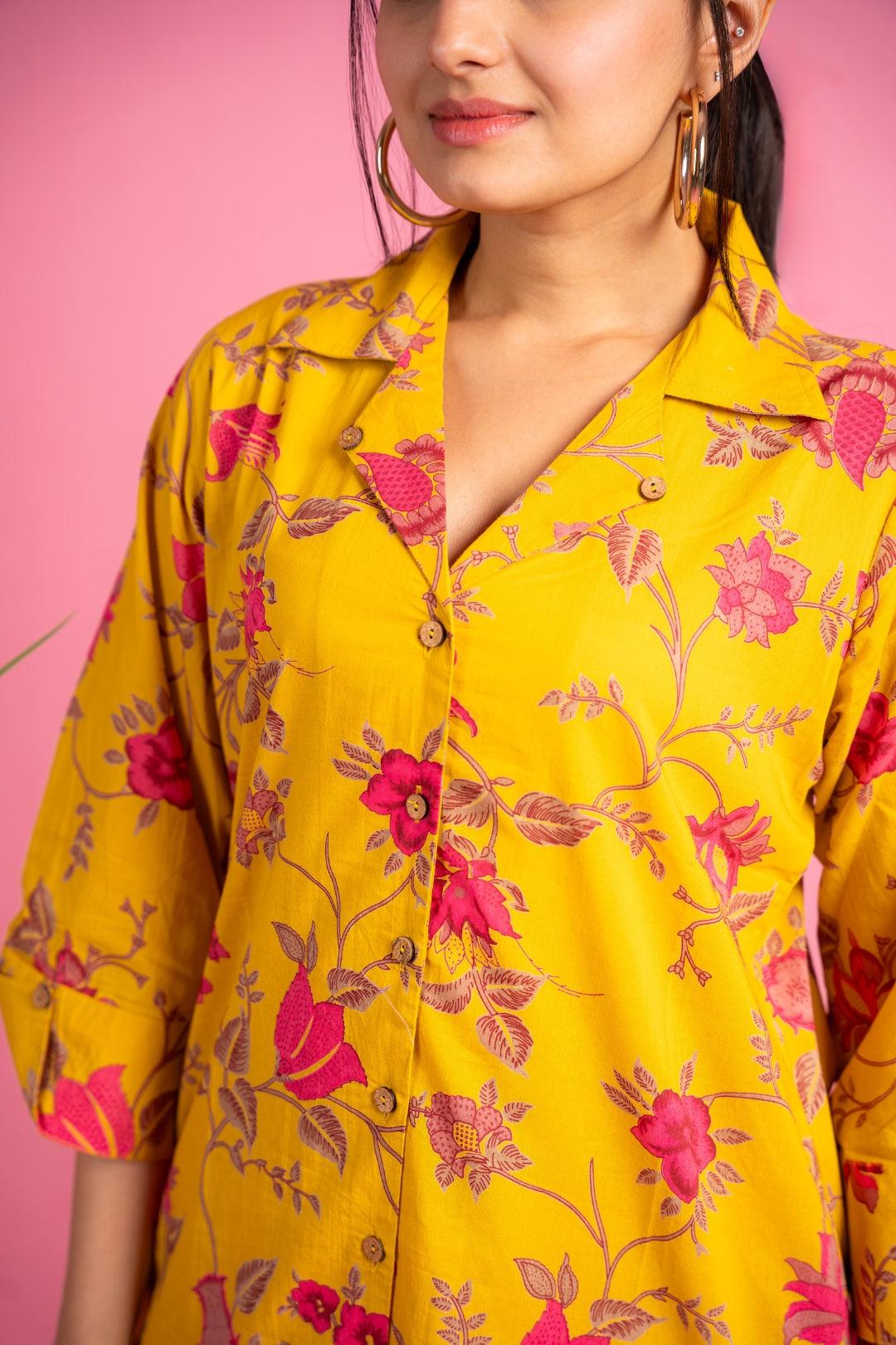 Ekisha's women yellow multicolor floral printed cotton co-ord set lounge wear - Ekisha