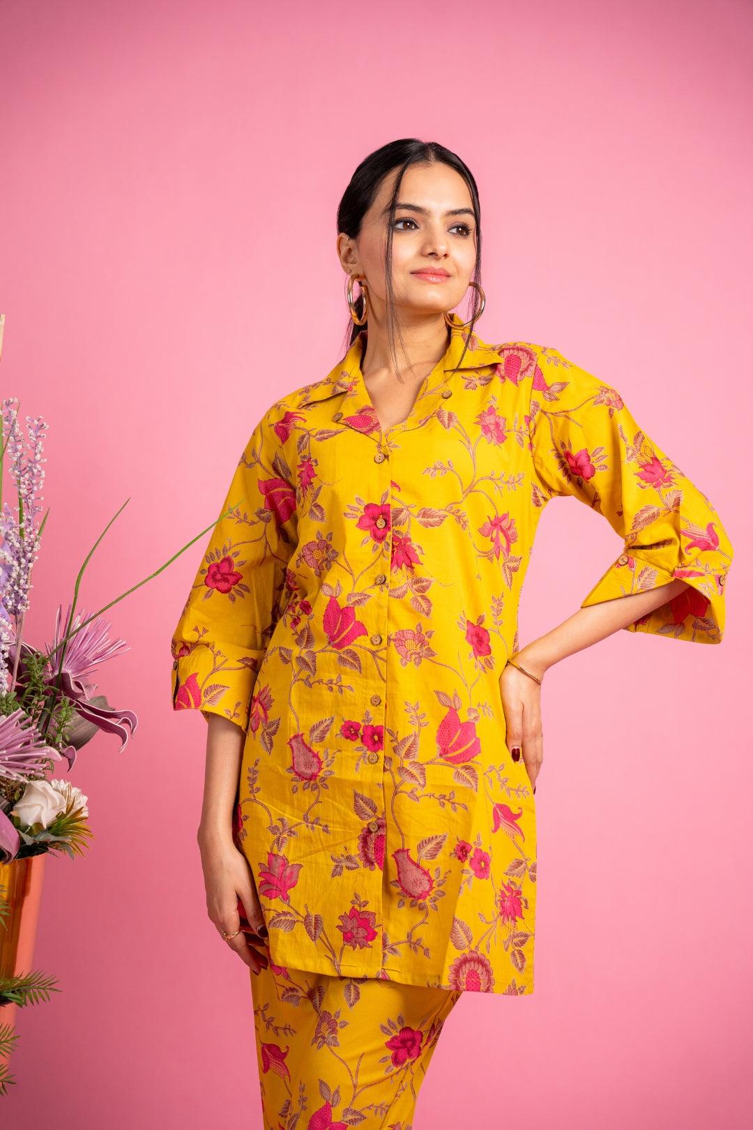 Ekisha's women yellow multicolor floral printed cotton co-ord set lounge wear - Ekisha