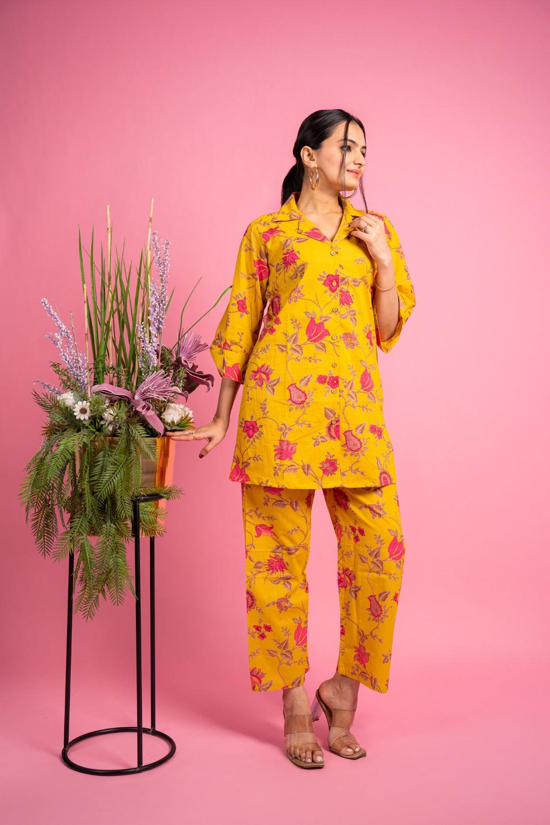 Ekisha's women yellow multicolor floral printed cotton co-ord set lounge wear - Ekisha