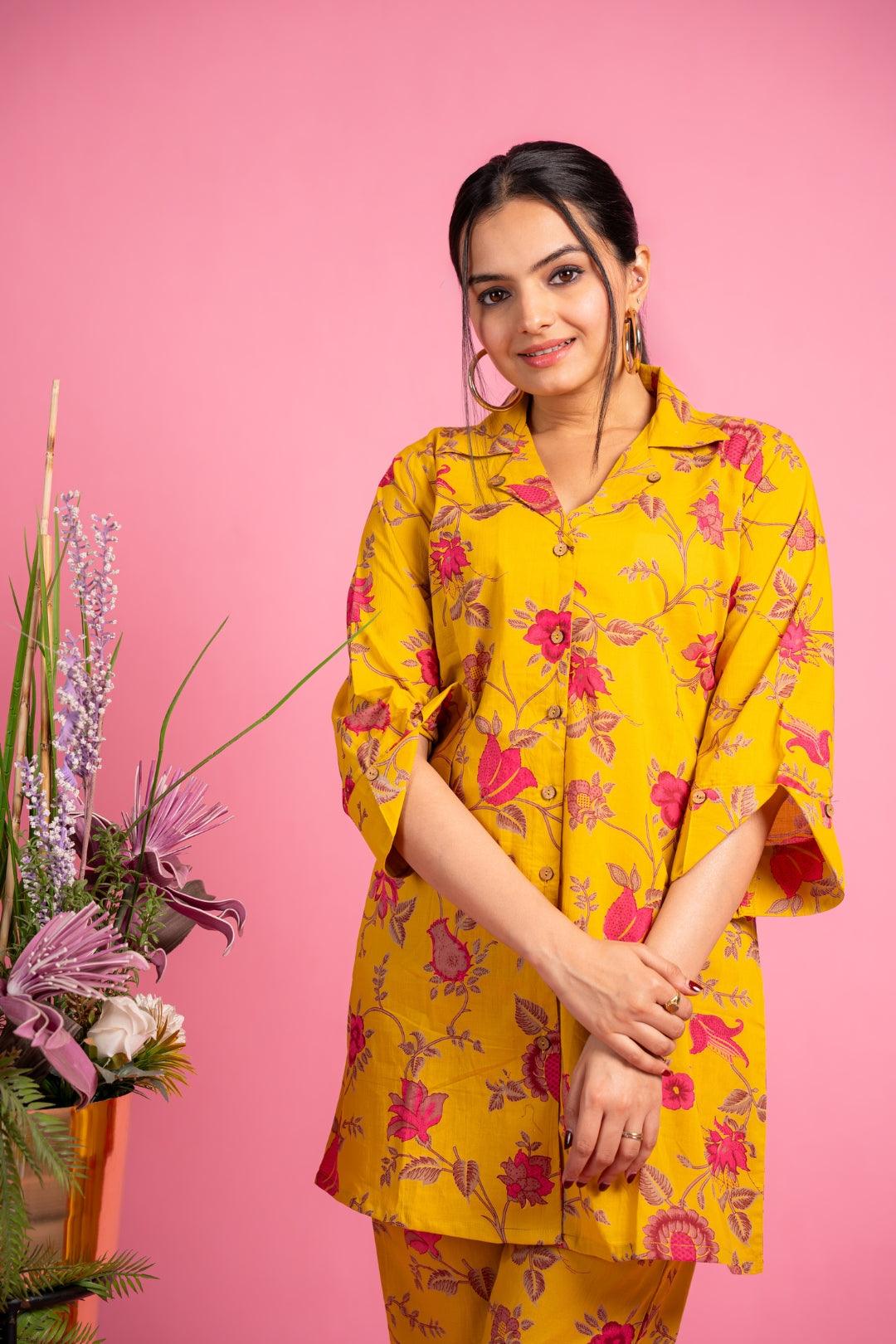 Ekisha's women yellow multicolor floral printed cotton co-ord set lounge wear - Ekisha