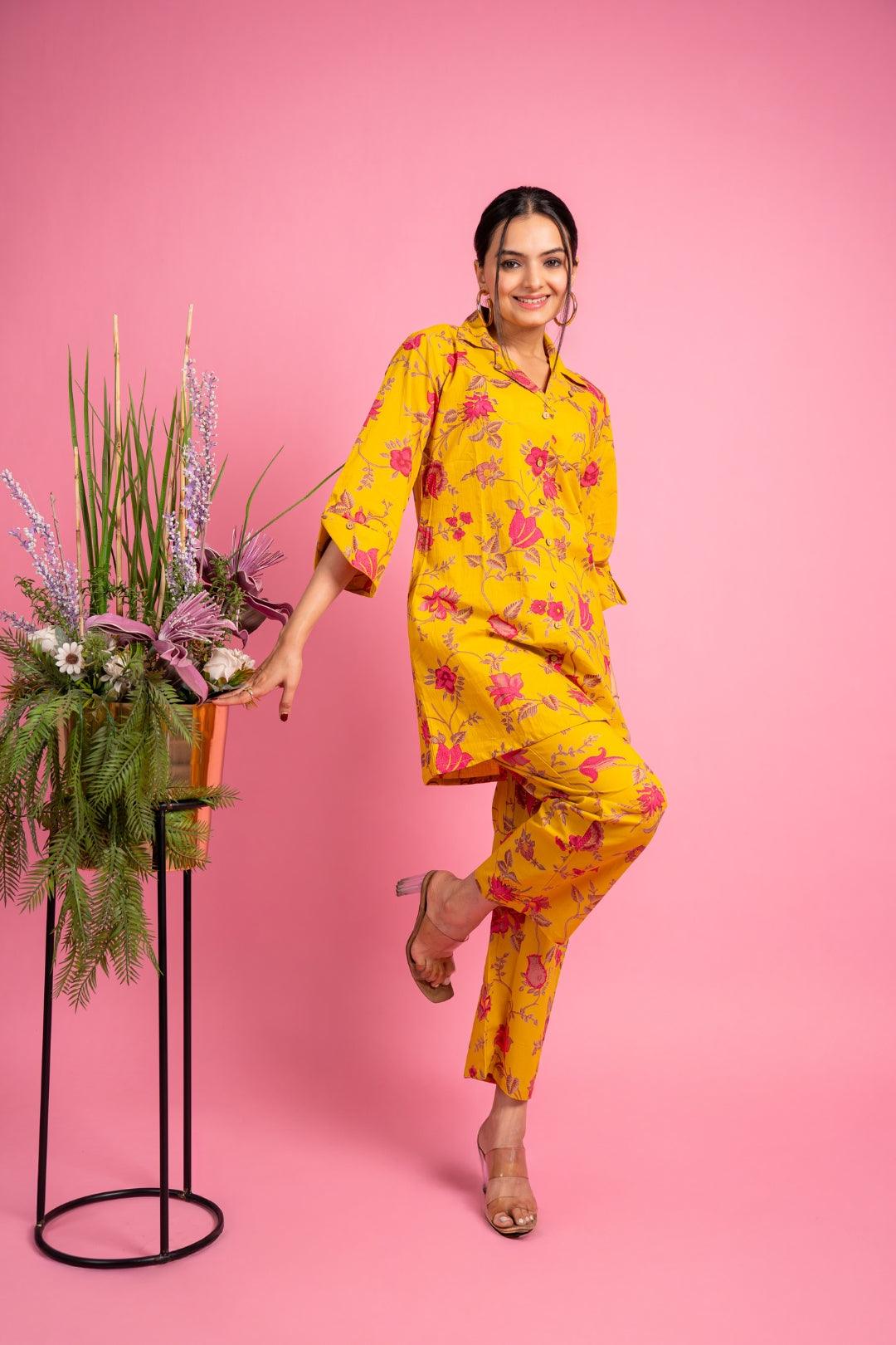Ekisha's women yellow multicolor floral printed cotton co-ord set lounge wear - Ekisha