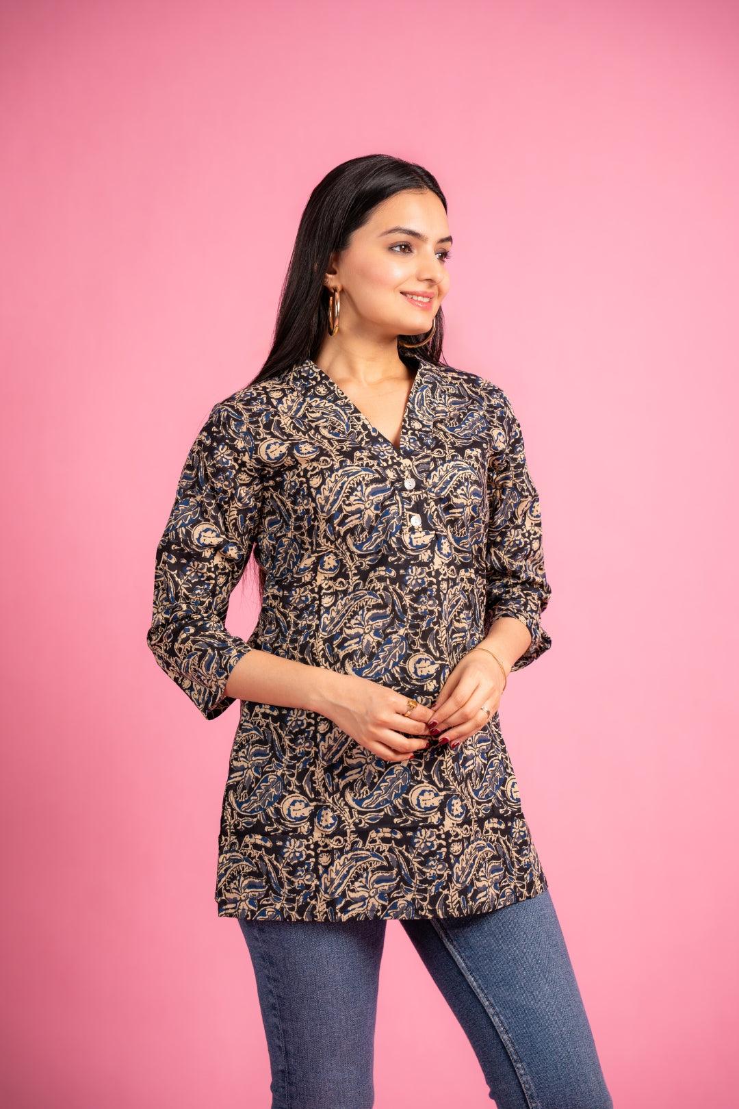 Ekisha's women designer black floral multicolor cotton tunic top short kurti - Ekisha