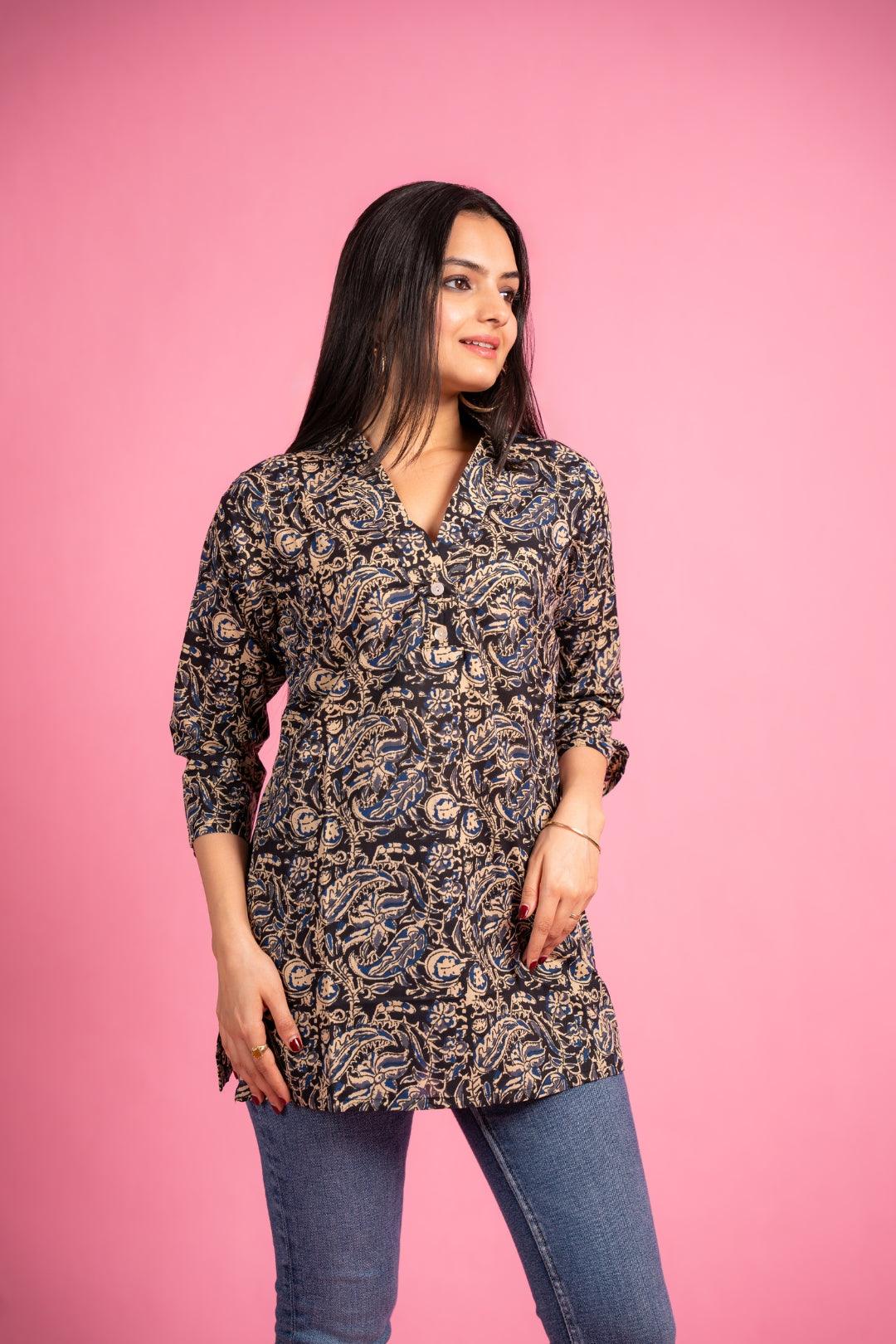 Ekisha's women designer black floral multicolor cotton tunic top short kurti - Ekisha