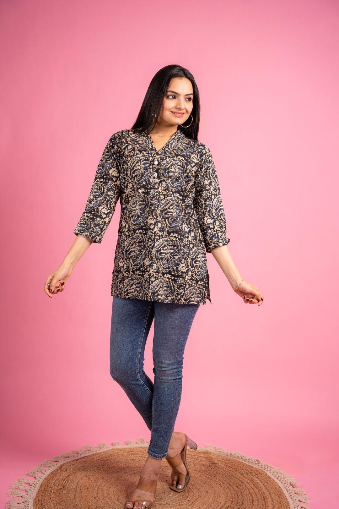 Ekisha's women designer black floral multicolor cotton tunic top short kurti - Ekisha