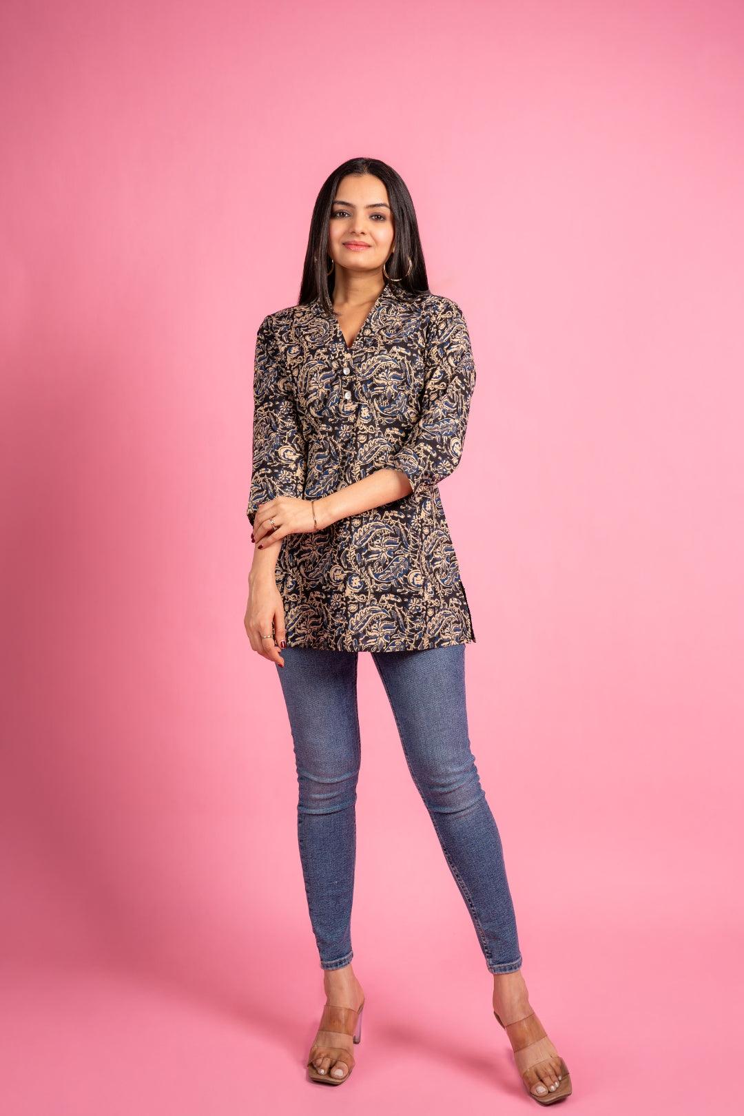 Ekisha's women designer black floral multicolor cotton tunic top short kurti - Ekisha