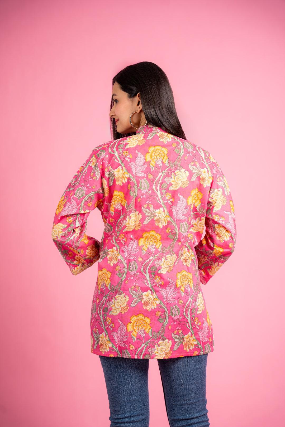 Ekisha's women pink designer floral printed cotton tunic top short kurti - Ekisha