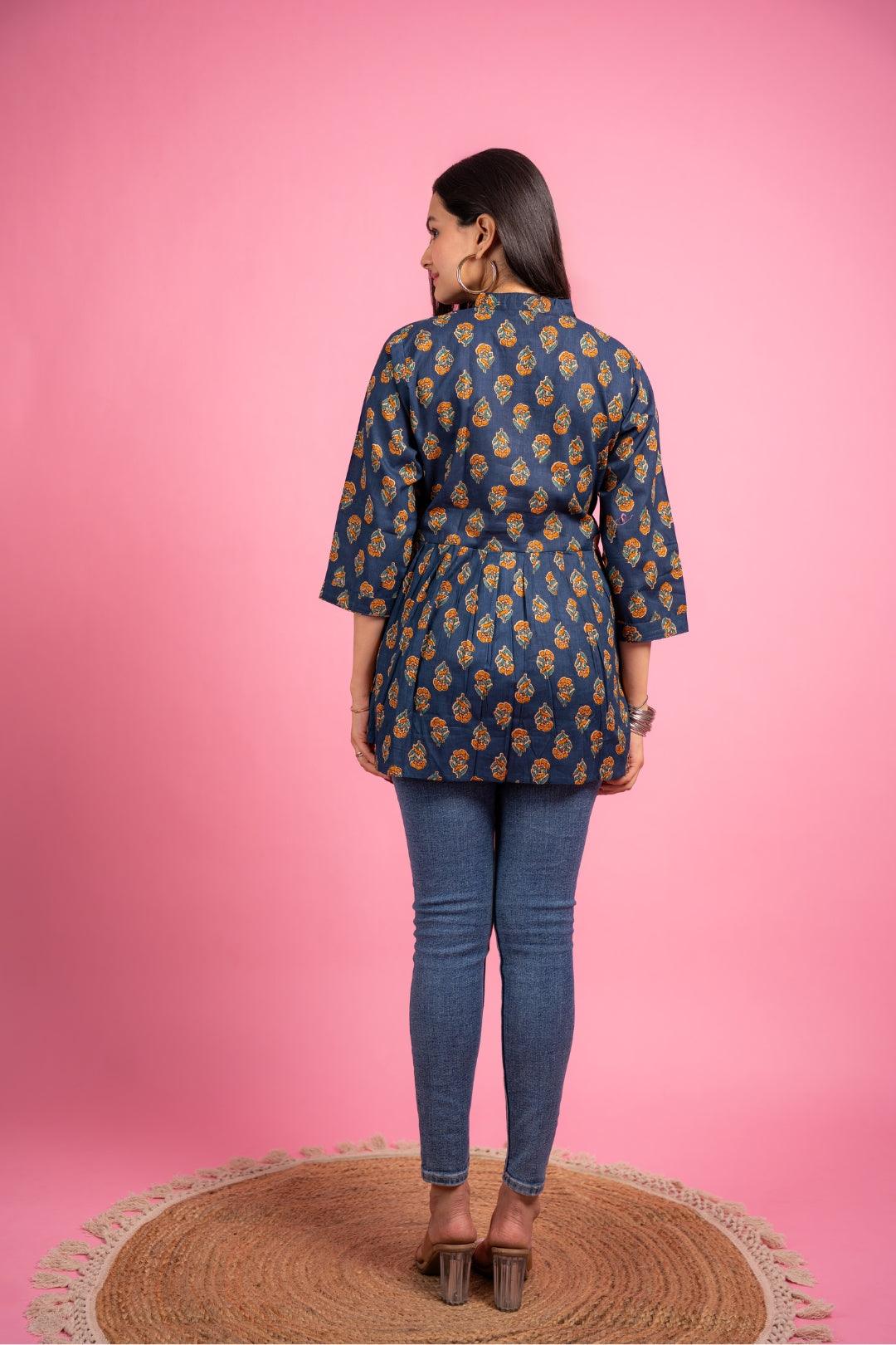 Ekisha's women navy floral designer printed cotton tunic top short kurti - Ekisha
