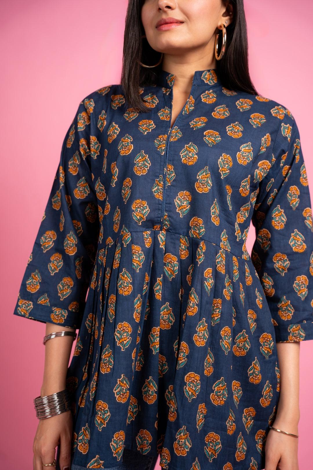 Ekisha's women navy floral designer printed cotton tunic top short kurti - Ekisha