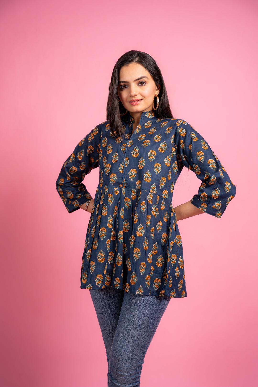 Ekisha's women navy floral designer printed cotton tunic top short kurti - Ekisha