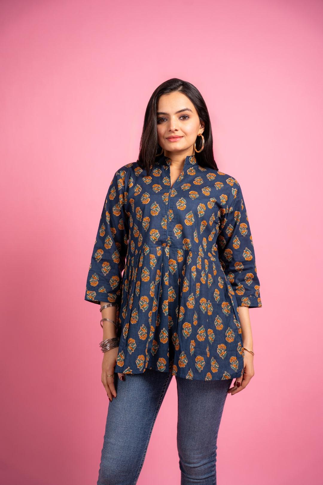 Ekisha's women navy floral designer printed cotton tunic top short kurti - Ekisha