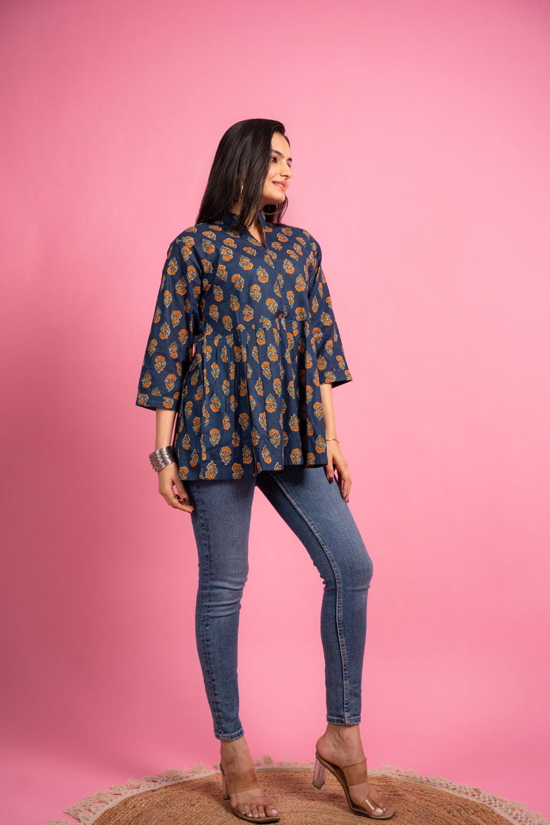 Ekisha's women navy floral designer printed cotton tunic top short kurti - Ekisha