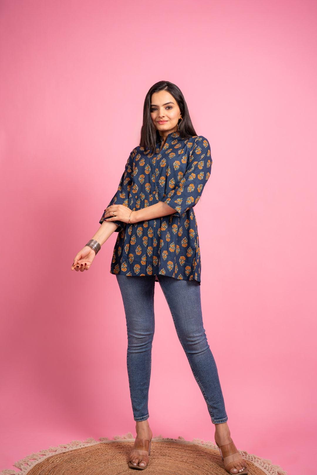 Ekisha's women navy floral designer printed cotton tunic top short kurti - Ekisha