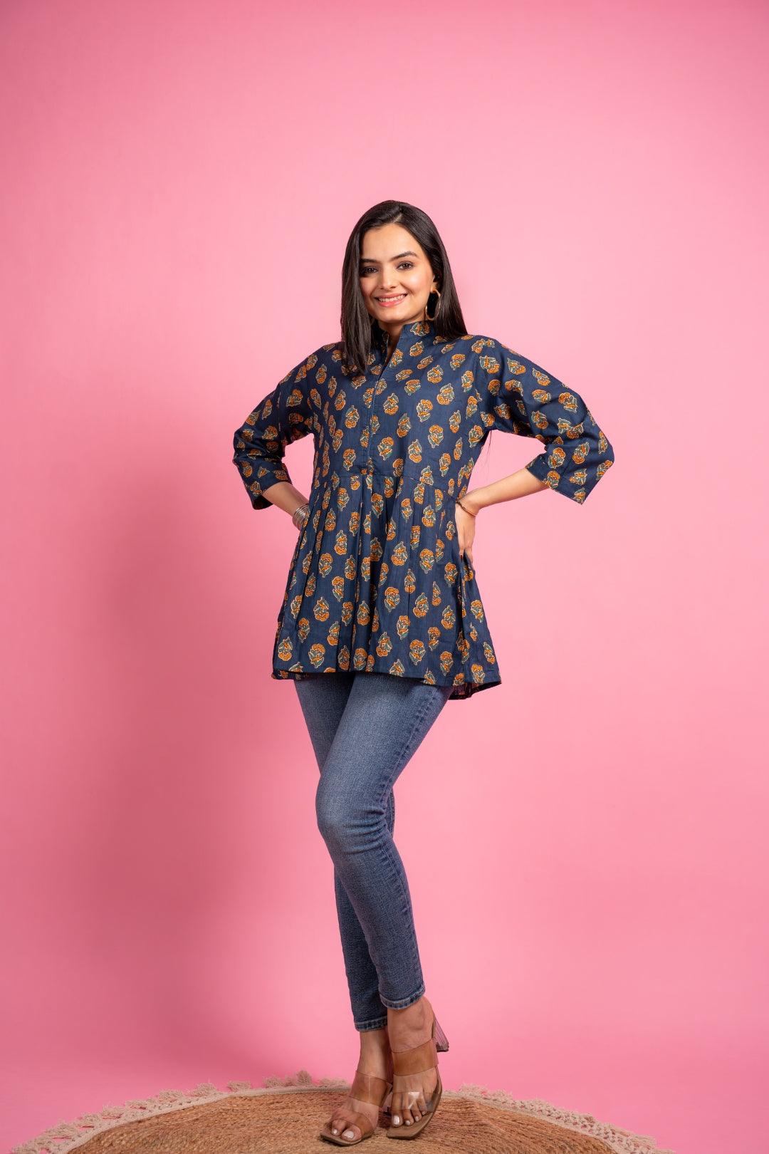 Ekisha's women navy floral designer printed cotton tunic top short kurti - Ekisha
