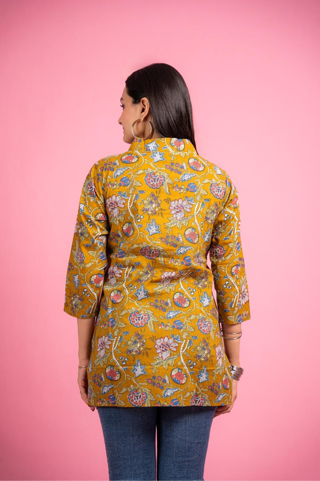 Ekisha's women designer mustard floral multicolor cotton tunic top short kurti - Ekisha