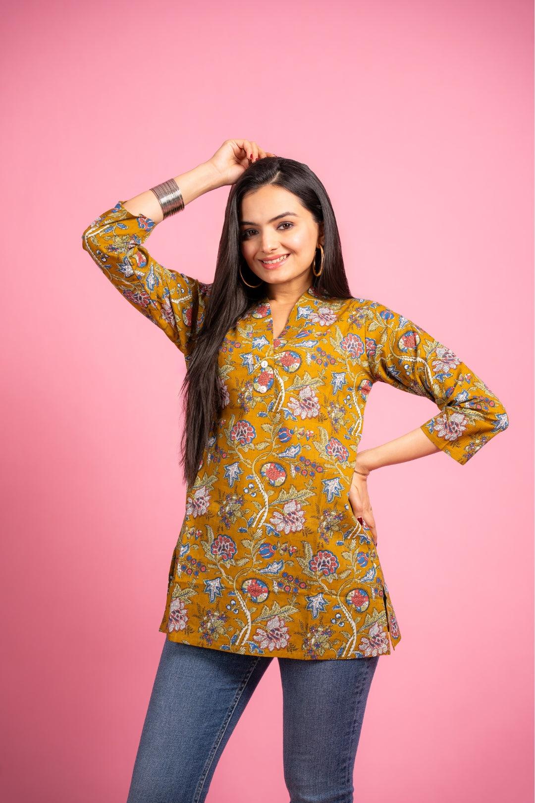 Ekisha's women designer mustard floral multicolor cotton tunic top short kurti - Ekisha