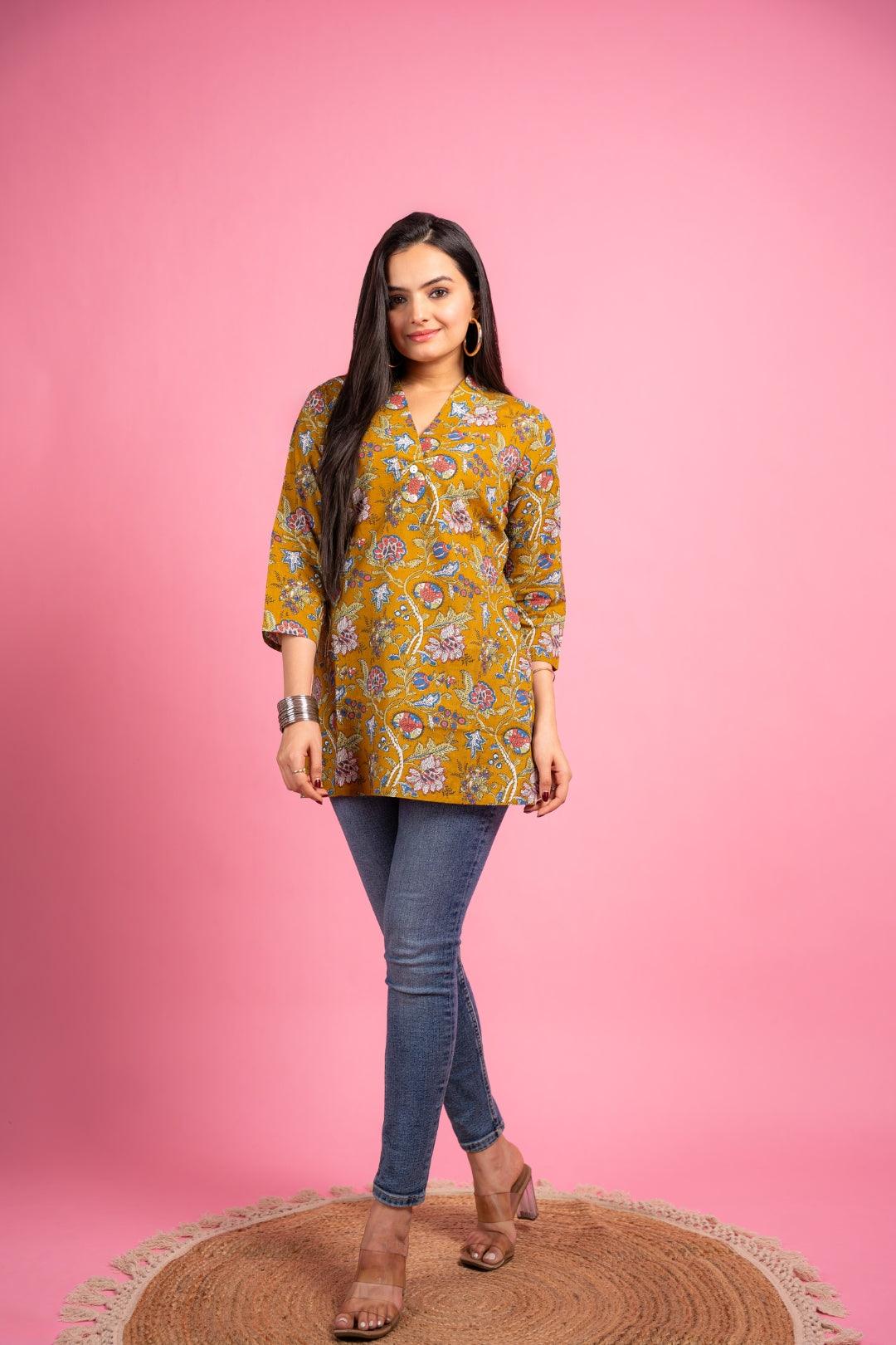 Ekisha's women designer mustard floral multicolor cotton tunic top short kurti - Ekisha