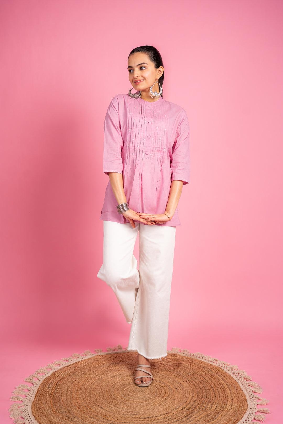 Ekisha's women designer pink hand work cotton tunic top short kurti - Ekisha