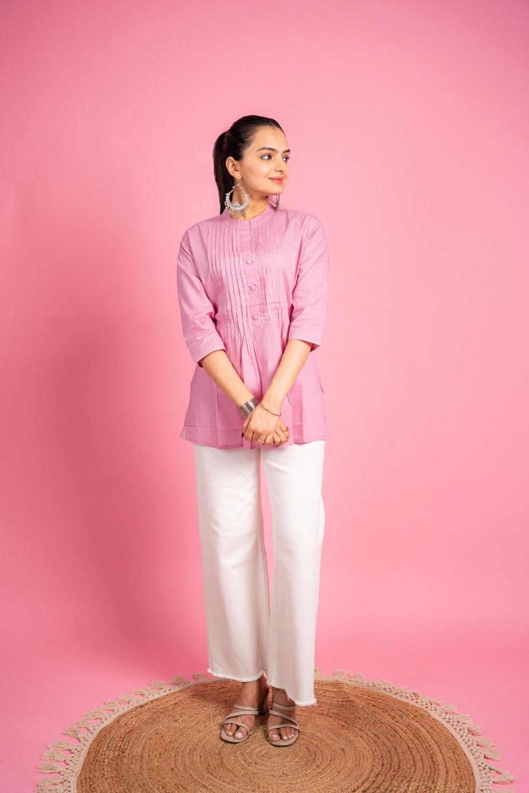 Ekisha's women designer pink hand work cotton tunic top short kurti - Ekisha
