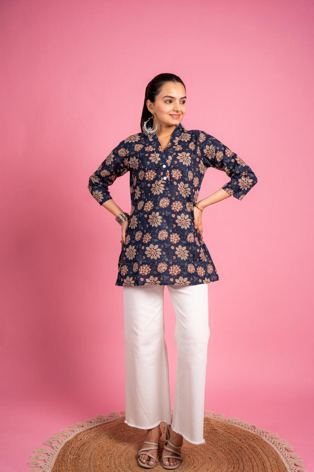 Ekisha's women designer blue floral printed multicolor cotton tunic top short kurti - Ekisha