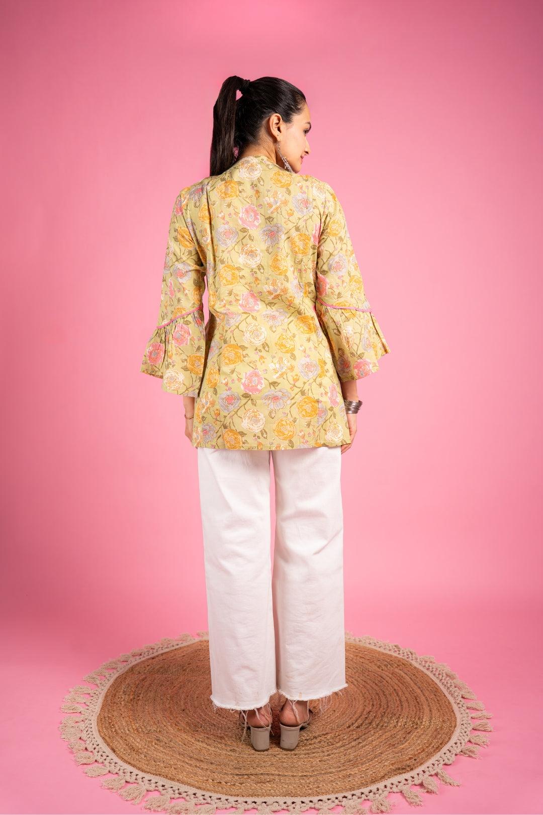 Ekisha's women beautiful yellow floral printed multicolor cotton tunic top short kurti - Ekisha