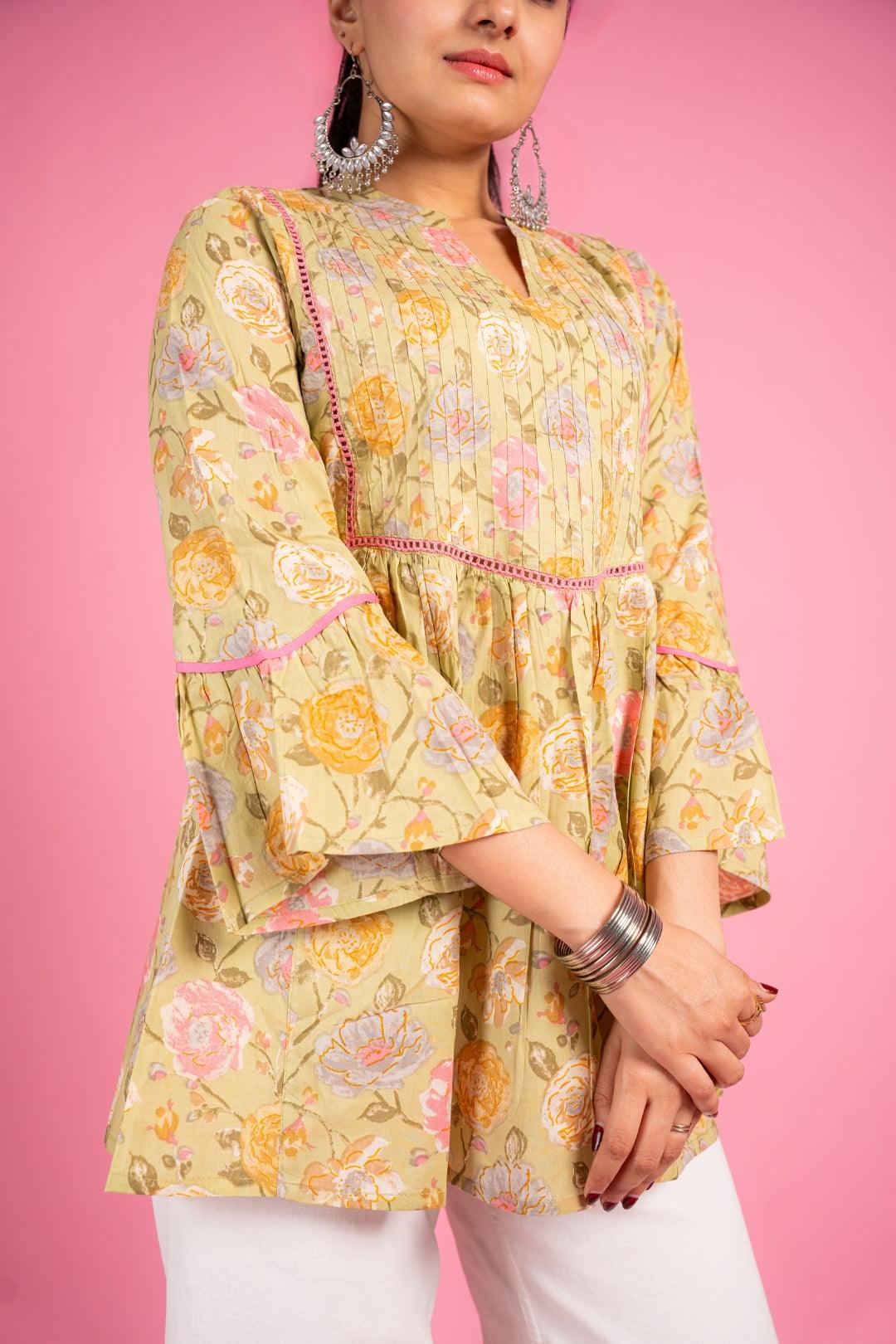 Ekisha's women beautiful yellow floral printed multicolor cotton tunic top short kurti - Ekisha