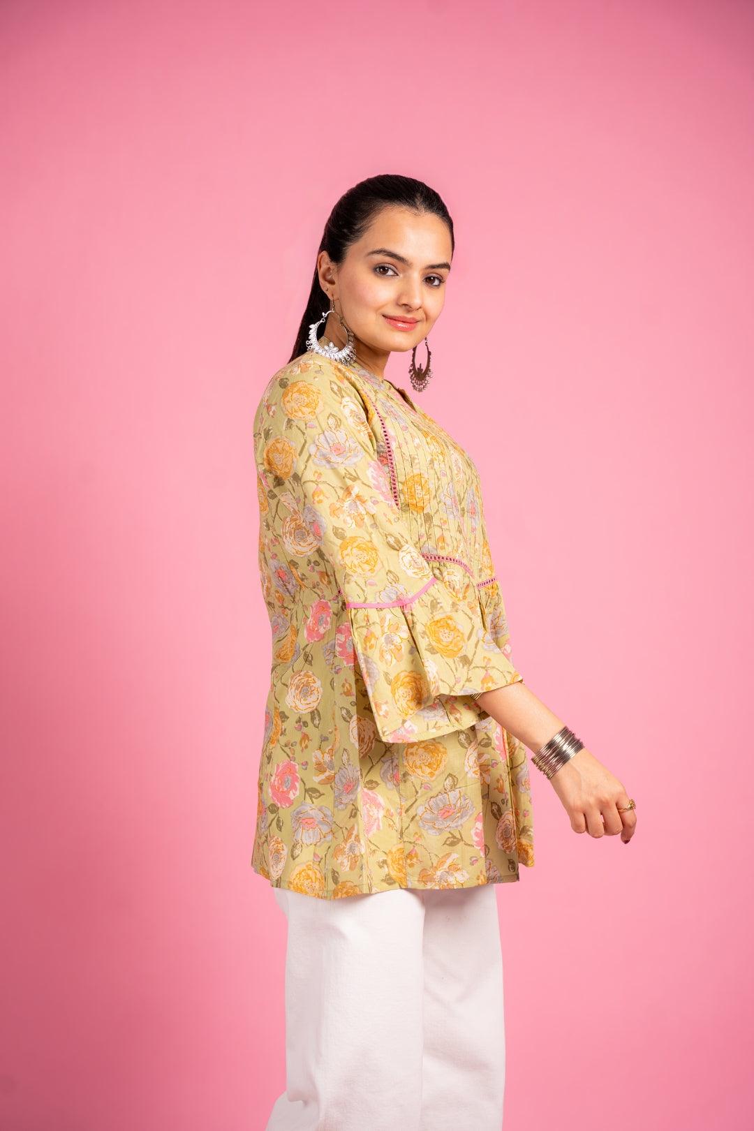 Ekisha's women beautiful yellow floral printed multicolor cotton tunic top short kurti - Ekisha
