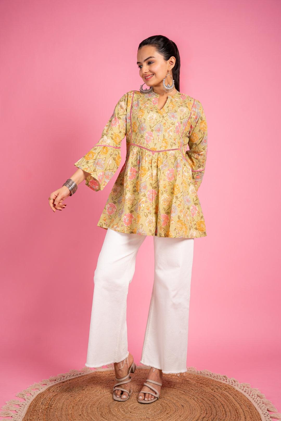 Ekisha's women beautiful yellow floral printed multicolor cotton tunic top short kurti - Ekisha