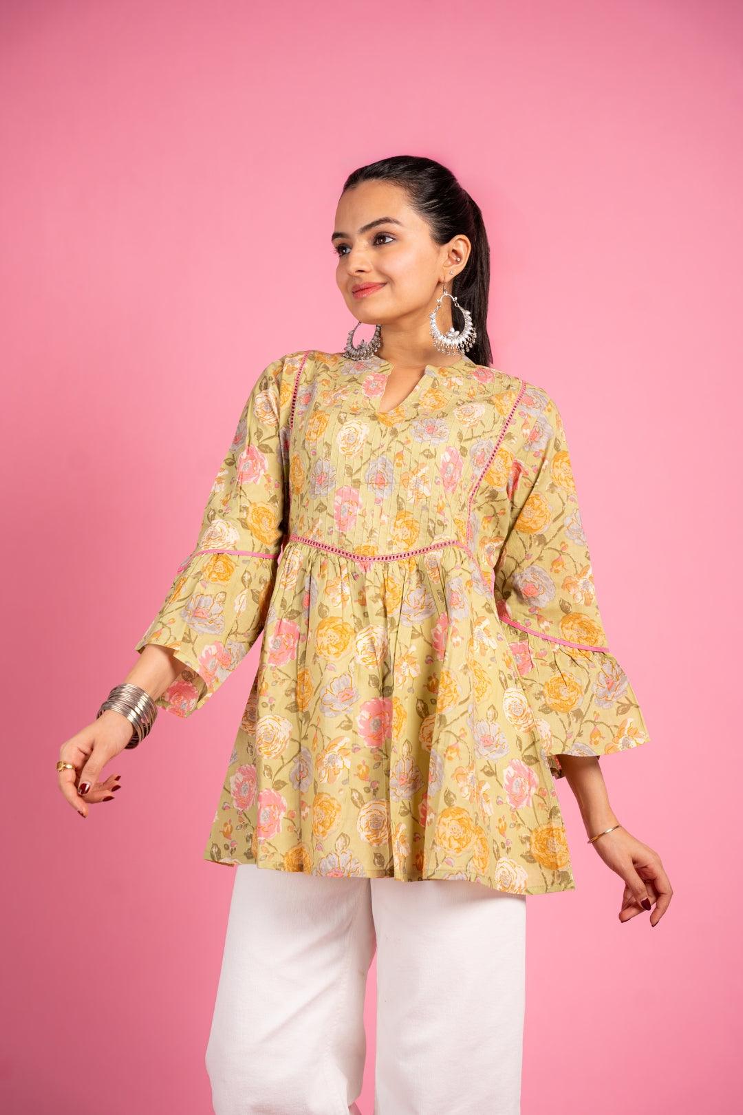 Ekisha's women beautiful yellow floral printed multicolor cotton tunic top short kurti - Ekisha