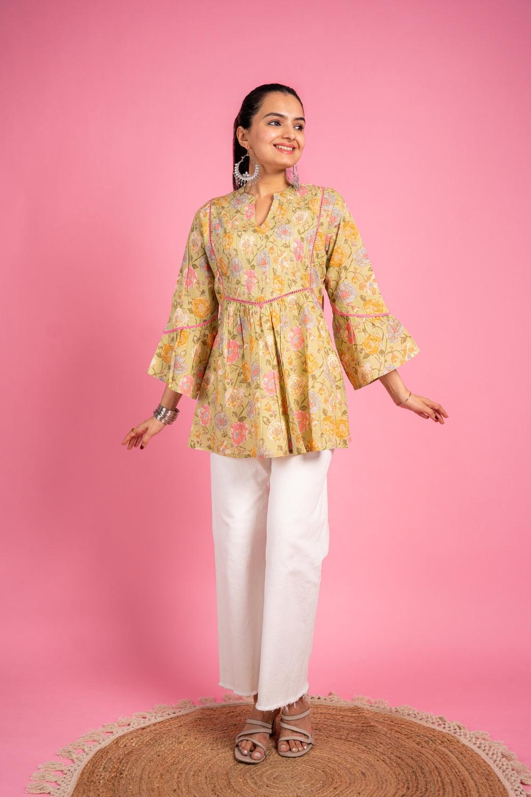 Ekisha's women beautiful yellow floral printed multicolor cotton tunic top short kurti - Ekisha